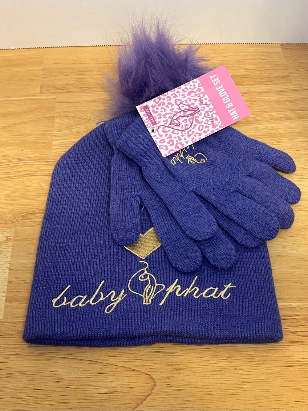 Baby Phat Purple Beanie and Gloves Set with Gold Logo